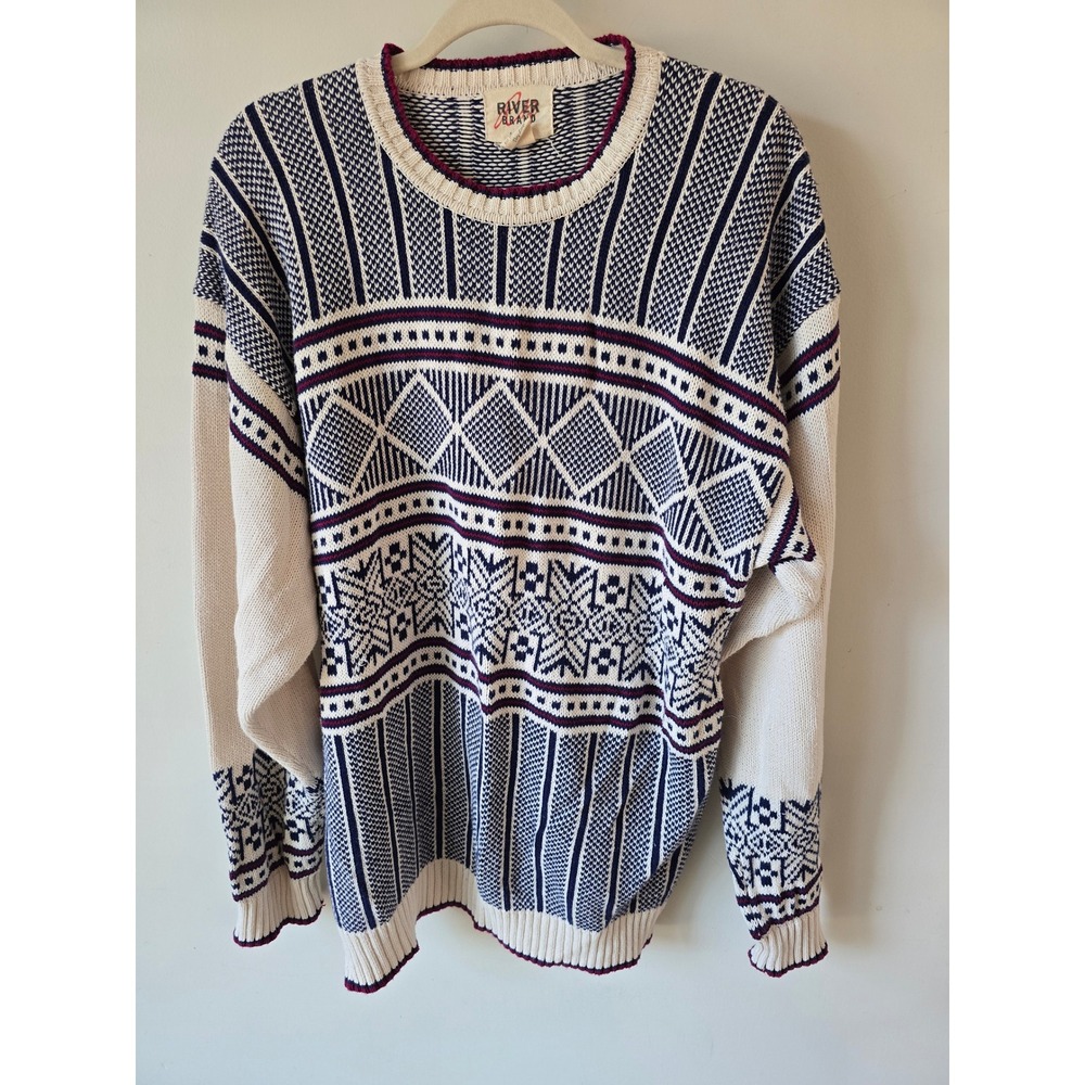 River Brand Arrow Mens Vintage 100% Cotton Geometric Knit Sweater Cream XL